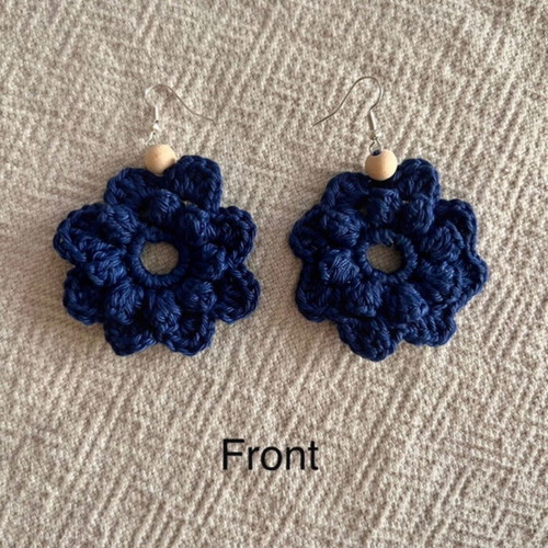 Handmade crochet flower-shaped earrings in navy blue