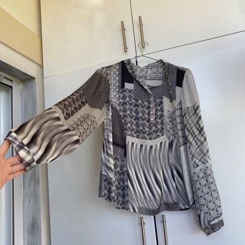 Gray Satin Blouse new, long sleeve, formal with pattern