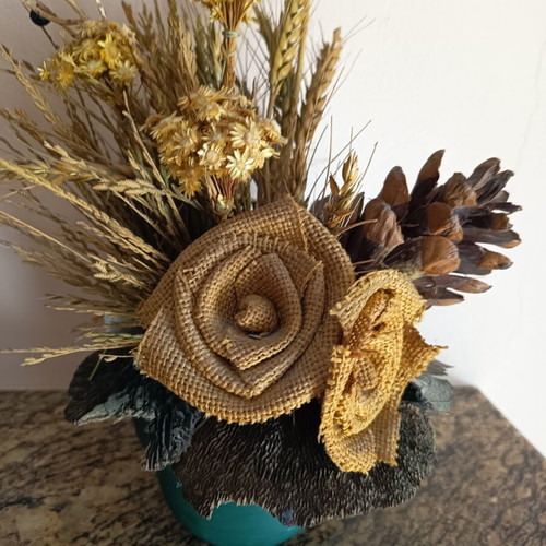Vintage handmade decorative arrangement with pinecone and dried flowers, height 32 cm