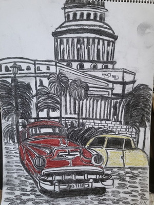 Capitol of Cuba charcoal painting on watercolor new 39×29
