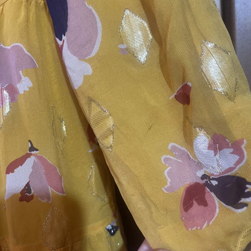 Sézane Aure silk dress used, yellow with gold floral details