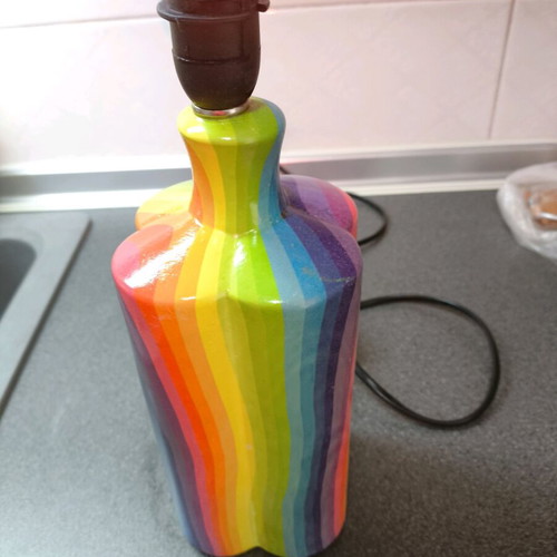 Handmade table lamp with rainbow base and green shade like new