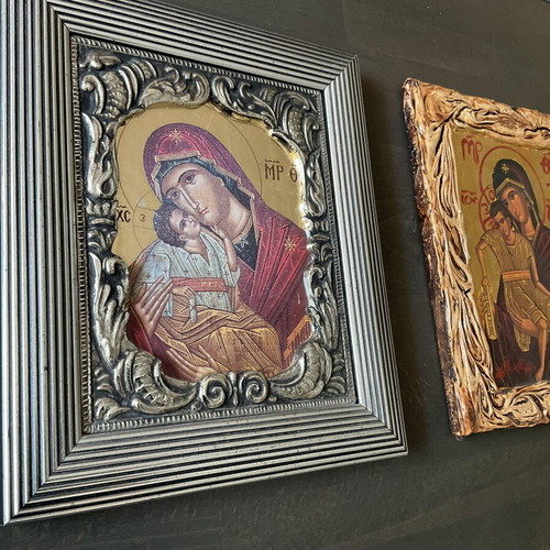 Orthodox icons of Virgin Mary with Child framed, used, set of two