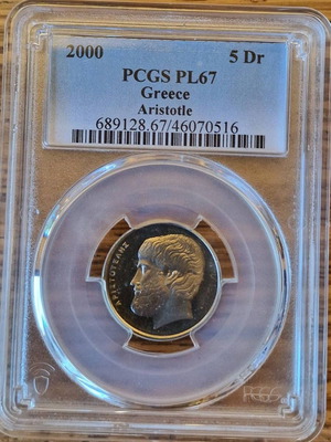 Aristotle Coin 5 Drachmas 2000 PCGS PL67 like new