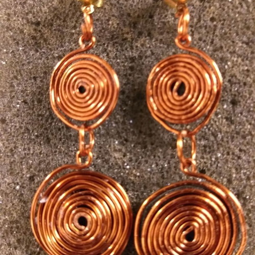Copper earrings with spirals refurbished, handmade, stud