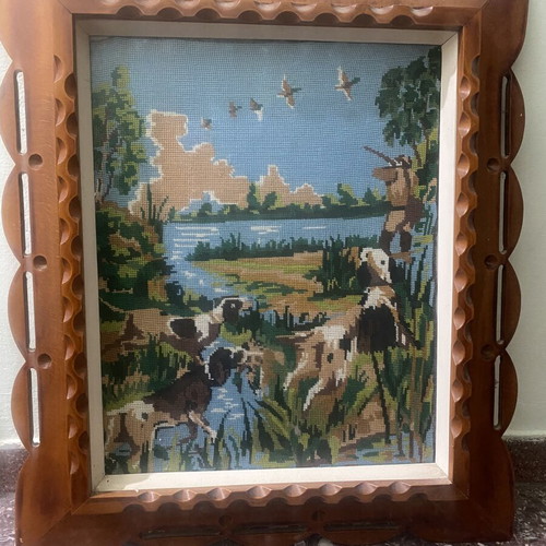 Large framed embroidery hunting scene like new