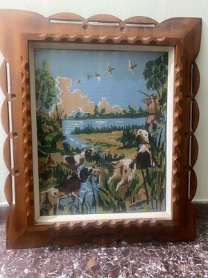 Large framed embroidery hunting scene like new
