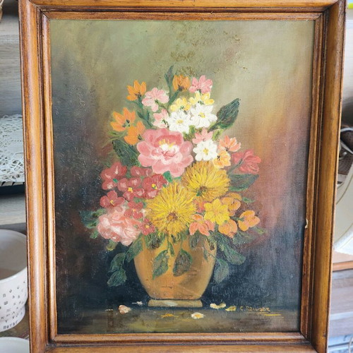 Vintage oil painting on canvas used, vase with colorful bouquet