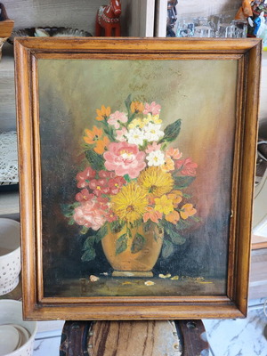 Vintage oil painting on canvas used, vase with colorful bouquet