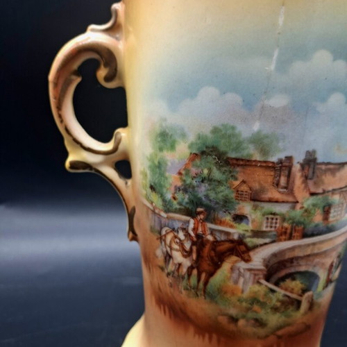 Vintage Porcelain Amphora Vase with Double Handles and Bucolic Scene