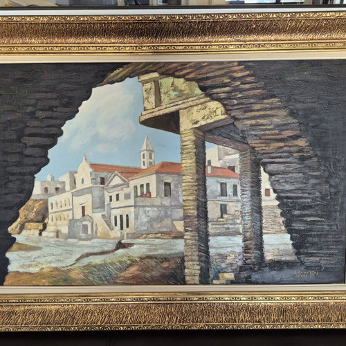 Oil painting "Tinos" by P. Menkos with golden frame