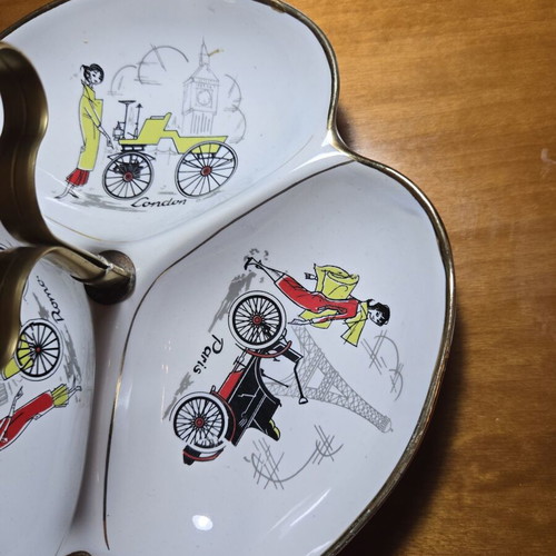 Porcelain Serving Platter with Three Compartments and Central Metal Handle