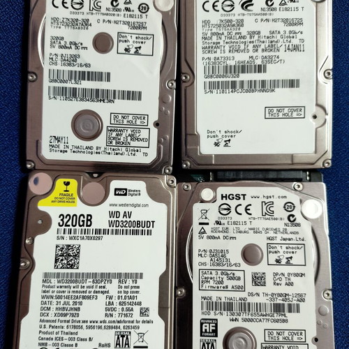 Hard drives used, pack of 4 with 320GB and 500GB capacities