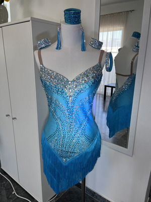 Light blue Latin dance dress with rhinestones