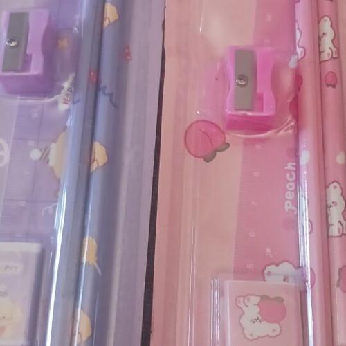 Stationery set with 2 pencils, eraser, ruler, sharpener, purple and pink