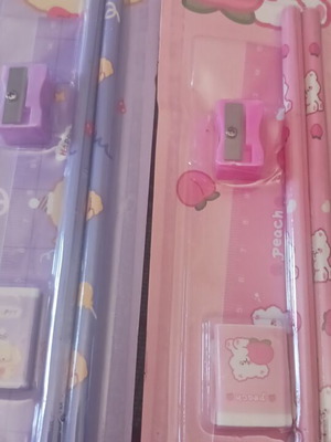Stationery set with 2 pencils, eraser, ruler, sharpener, purple and pink