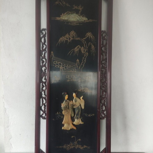 Wall decor panels used with Chinese motifs, wood, mother-of-pearl and jade