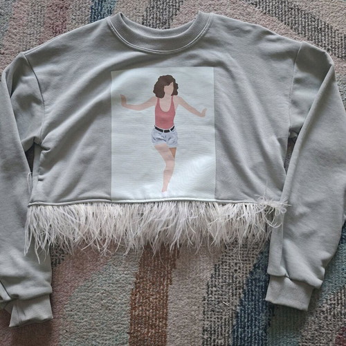 Crop sweatshirt with Dirty Dancing print and feathers, new, grey