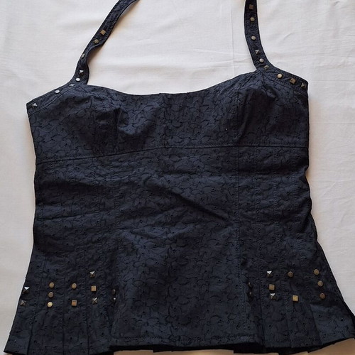 Karen Millen Vintage Y2K Small Black Broderie Anglaise Corset Halter Top like new