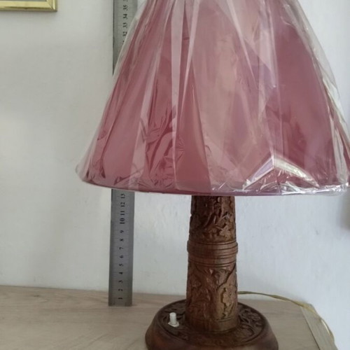 Table lamp with carved wooden base and new shade, 36 cm height