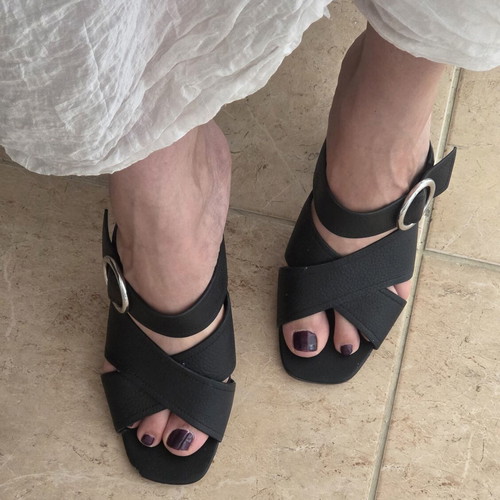 Autograph Black Leather Mules Block Heel Cross Strap Sandals