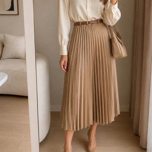 Skirt and shirt set new with beige and brown belt