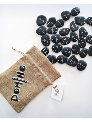 Handmade domino from painted pebbles, complete set of 28 with linen pouch