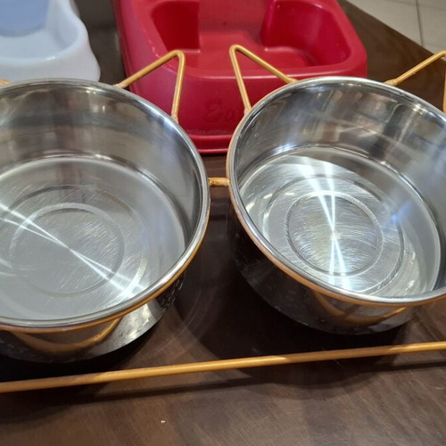 Water and food containers for cats used, full set