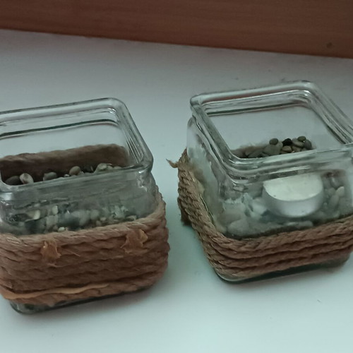 Handmade glass tealight candle holders, set of 2, jute rope