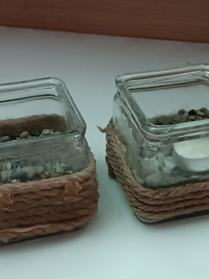 Handmade glass tealight candle holders, set of 2, jute rope