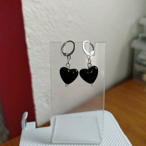 Handmade hypoallergenic earrings new with silver hoops and black hearts