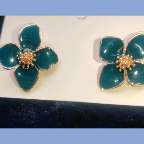 Flower stud earrings with petrol and gold enamel new