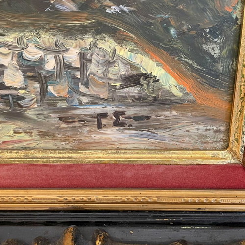 Embossed oil painting like new, theme House in the village