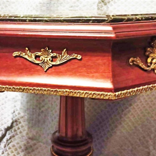 Classic hexagonal table like new with black marble and bronze decorations