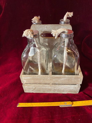Square bottles in crate like new, set of 4