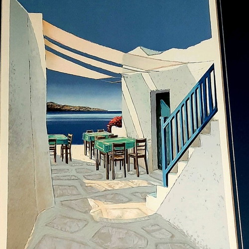 Λιθογραφία Ταβερνάκι σε Ελληνικό νησί Pierre Bertaux Marais σαν καινούργιο