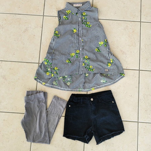 Girls' clothing set size 8 like new, sleeveless shirt, shorts, leggings