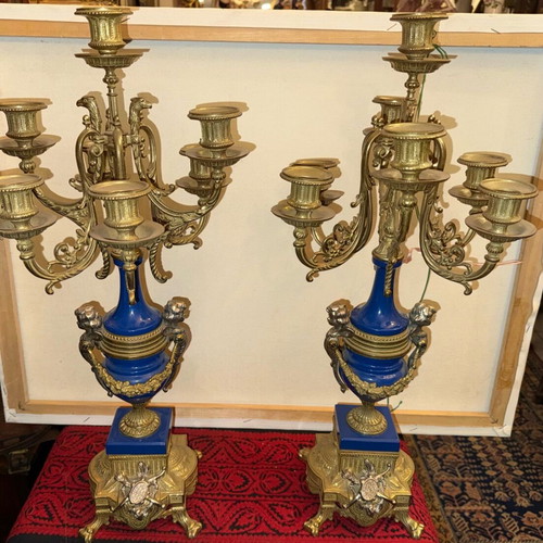 Candlesticks pair bronze and porcelain like new, height 0.60