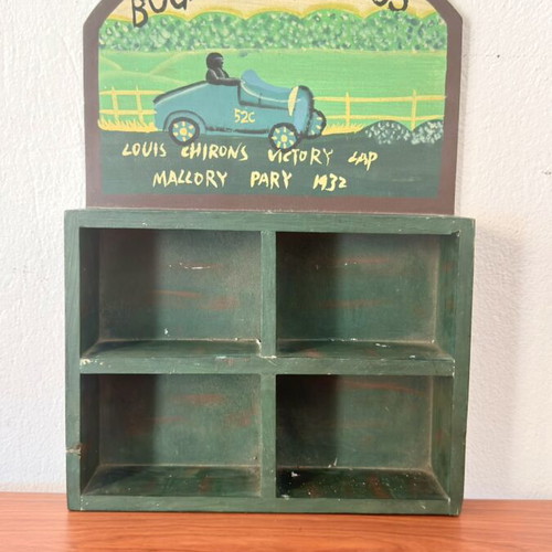 Wooden shelf with 4 compartments, Bugatti Type 35 vintage racing design