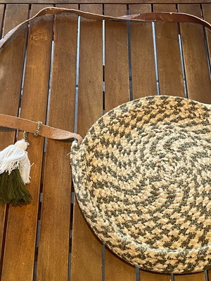 Round boho crossbody bag used, beige and brown