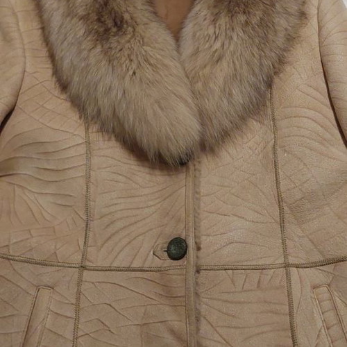 Women's mouton jacket used, beige with fox fur, size M/L