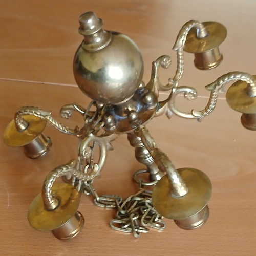 Antique bronze chandelier like new, hanging with six candle arms