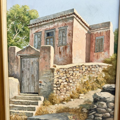 Oil painting by Antonios Voumbakis used, traditional Aegean house