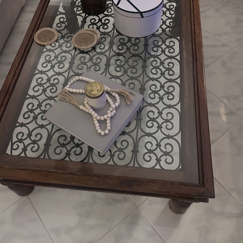 Large wooden coffee table with glass and metal decoration
