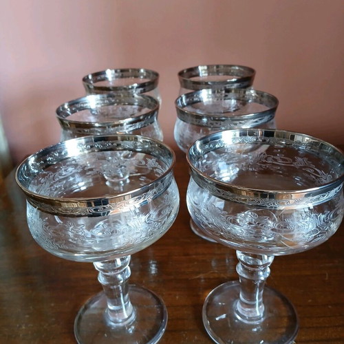 Murano Medici 6 champagne glasses new, vintage with platinum rim