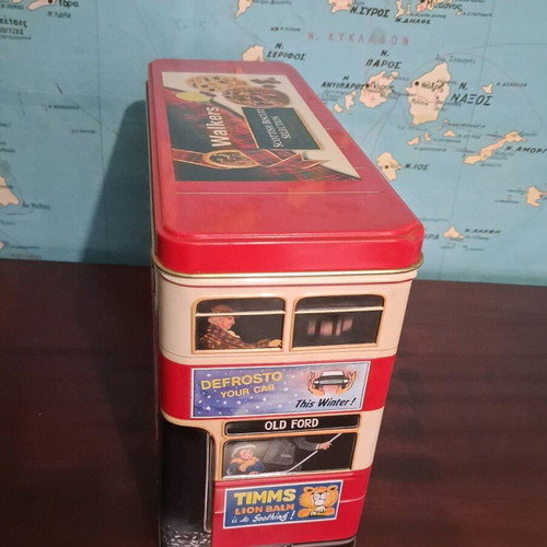 Collectible metal Walkers tin used, vintage London double-decker bus