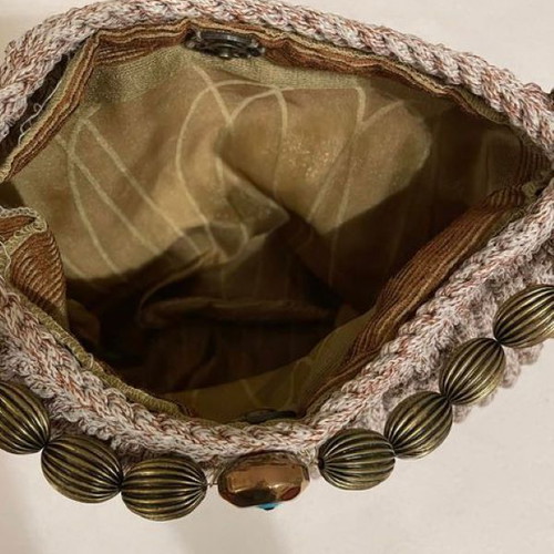 Knitted handmade shoulder bag new, beige brown with satin lining