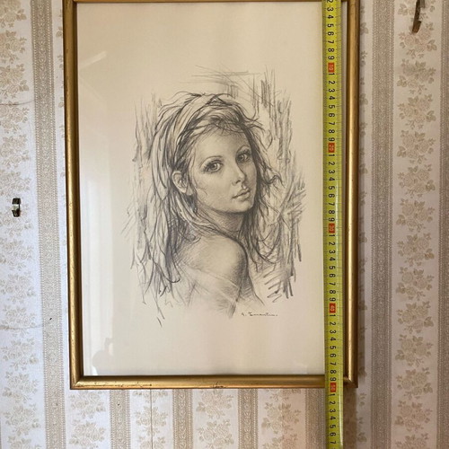Giuseppe Tarantino 1974 lithograph painting used, Ritratto di Donna