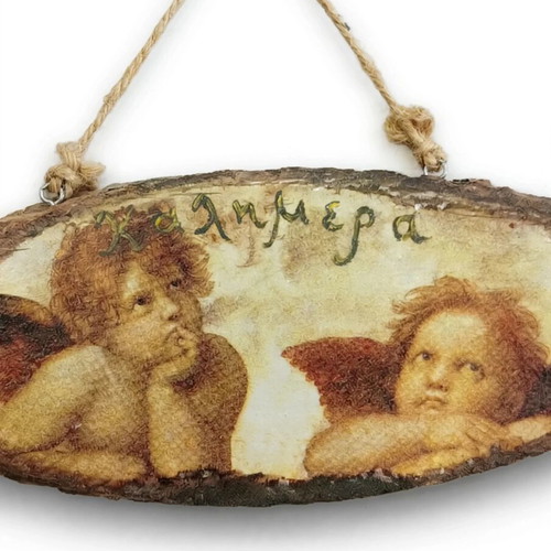 Handmade wall art with Rafael angels on wood slice 29cm like new