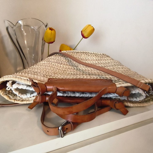 Mango straw shoulder and crossbody bag with leather details